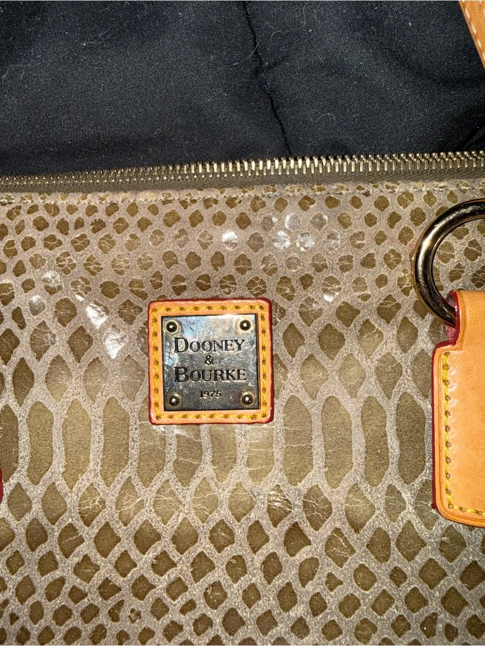 Dooney & Bourke Beige Snake-Print Tote with Orange Trim and Red Handles